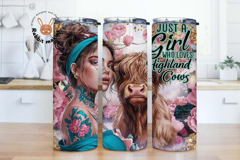 Just A Girl Who Loves Highland Cows 20 oz Skinny Tumbler Sublimation Design, Highland Cow Tumbler Wrap, Cow Tumbler Wrap Sublimation Rabbitmakies 