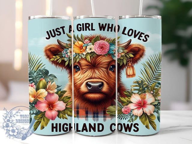Just A Girl Who Loves Highland Cows 20oz Skinny Tumbler PNG, Highland Cow Tumbler Sublimation Wrap, Straight & Tapered Tumbler Wrap, Instant Digital Download Sublimation ToriDesigns 