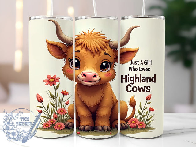 Just A Girl Who Loves Highland Cows 20oz Skinny Tumbler PNG, Highland Cow Tumbler Sublimation Wrap, Straight & Tapered Tumbler Wrap, Instant Digital Download Sublimation ToriDesigns 