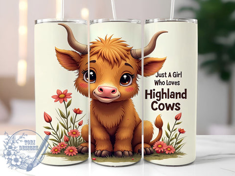 Just A Girl Who Loves Highland Cows 20oz Skinny Tumbler PNG, Highland Cow Tumbler Sublimation Wrap, Straight & Tapered Tumbler Wrap, Instant Digital Download Sublimation ToriDesigns 