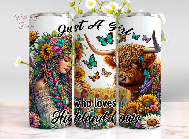 Just A Girl Who Loves Highland Cows Tumbler Wrap, 20oz Skinny Sublimation Tumbler Design, Sunflower Highland Cow Sarcastic Design Sublimation WillowSageDesign 