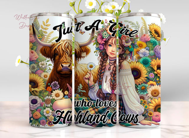 Just A Girl Who Loves Highland Cows Tumbler Wrap, 20oz Skinny Sublimation Tumbler Design, Sunflower Highland Cow Sarcastic Design Sublimation WillowSageDesign 
