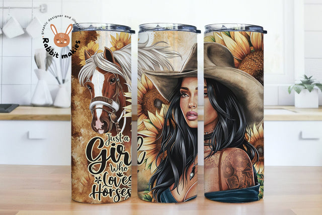Just A Girl Who Loves Horse's Tumbler Wrap, 20oz Skinny Sublimation Tumbler Design, Boho Sunflower Horse Lover Design Sublimation Rabbitmakies 