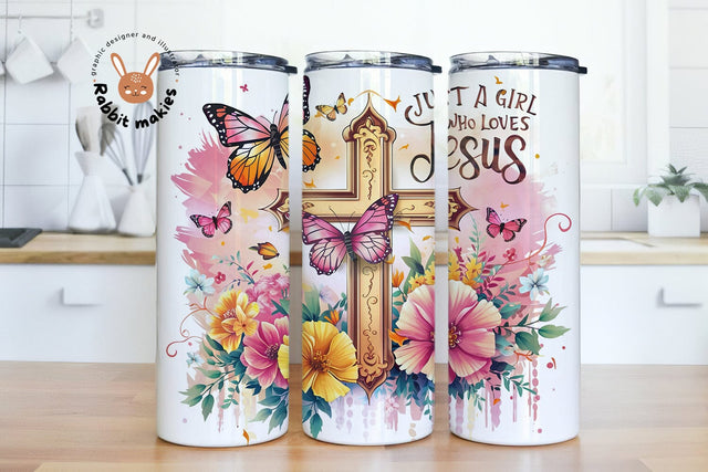 Just a Girl Who Loves Jesus 20 Oz Skinny Sublimation Tumbler PNG, Inspirational Cross Christian Tumbler Wrap Sublimation Rabbitmakies 