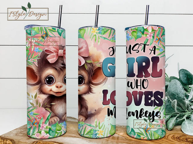 Just a Girl Who Loves Monkeys 20 oz Skinny Tumbler Sublimation Design Digital Download PNG Sublimation iStyleDesign 
