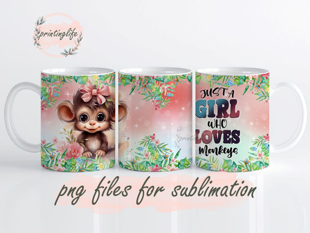 Just a Girl Who Loves Monkeys Instant Digital Design Download Mug Wrap Design, Mug Design PNG Sublimation PrintingLife 