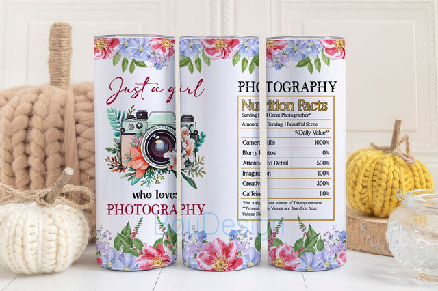Just a Girl Who Loves Photography Tumbler, Camera flower Floral Digital PNG Photograph Straight Tumbler Wrap Sublimation BouDesign 