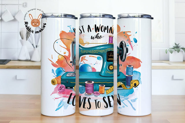 Just A Woman Who Loves To Sew Tumbler Png Sublimation Rabbitmakies 