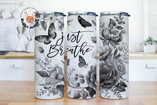 Just Breathe 20oz Black and White Floral Skinny Tumbler Wrap Design Sublimation Digital Download for Straight Tapered Tumbler PNG File Sublimation Rabbitmakies 