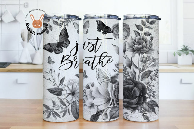 Just Breathe 20oz Black and White Floral Skinny Tumbler Wrap Design Sublimation Digital Download for Straight Tapered Tumbler PNG File Sublimation Rabbitmakies 