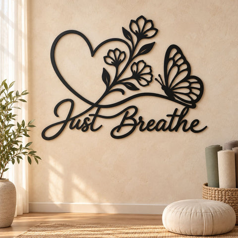 Just Breathe Butterfly Laser SVG | Butterfly Wall Art DXF | Floral Heart CNC File | Inspirational Metal Sign | Plasma Cut Svg SVG HappyDesignStudio 