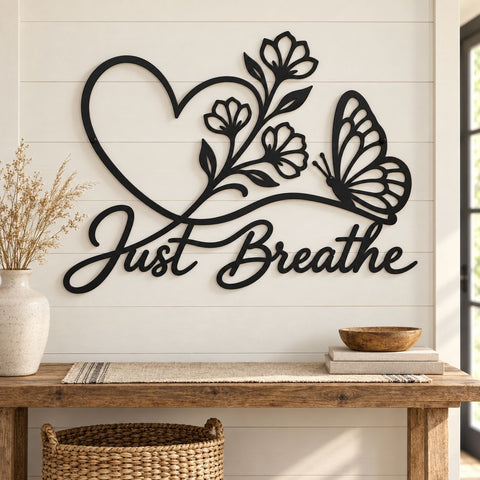 Just Breathe Butterfly Laser SVG | Butterfly Wall Art DXF | Floral Heart CNC File | Inspirational Metal Sign | Plasma Cut Svg SVG HappyDesignStudio 