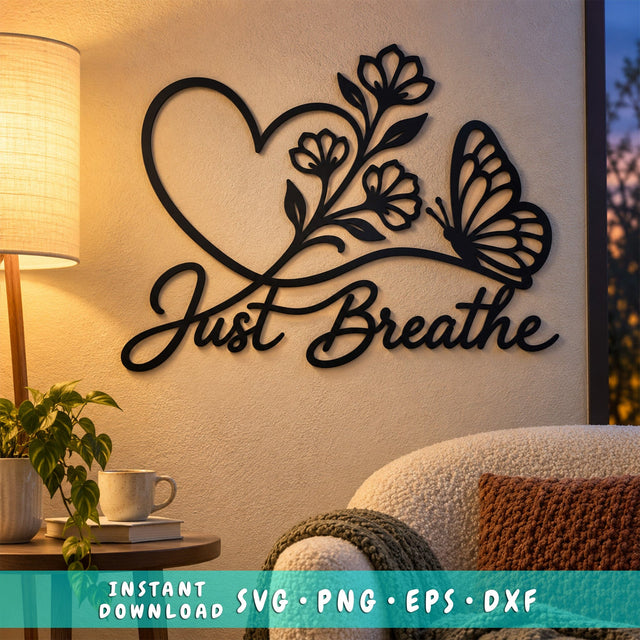 Just Breathe Butterfly Laser SVG | Butterfly Wall Art DXF | Floral Heart CNC File | Inspirational Metal Sign | Plasma Cut Svg SVG HappyDesignStudio 