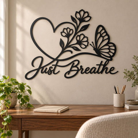 Just Breathe Butterfly Laser SVG | Butterfly Wall Art DXF | Floral Heart CNC File | Inspirational Metal Sign | Plasma Cut Svg SVG HappyDesignStudio 