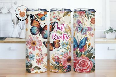 Just Breathe Floral Butterfly Tumbler Wrap 20oz Skinny Sublimation Design, Instant Digital Download PNG Sublimation Rabbitmakies 