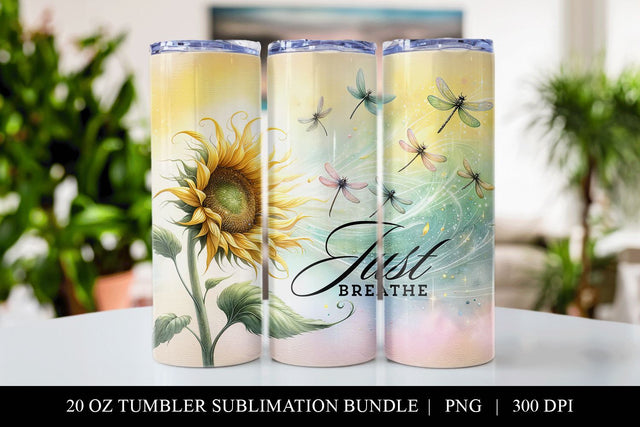 Just Breathe Sunflower & Dragonflies Seamless Tumbler Wrap Sublimation BijouBay 