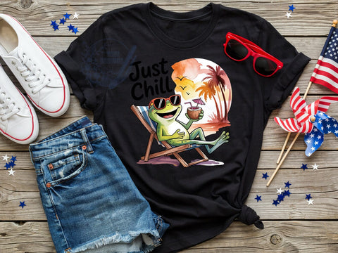 Just Chill Frog T-Shirt PNG, Retro Pop, Green Frog, Beach Chair, Coconut Drink, Skinny Tumbler, Sublimation PNG Sublimation ToriDesigns 