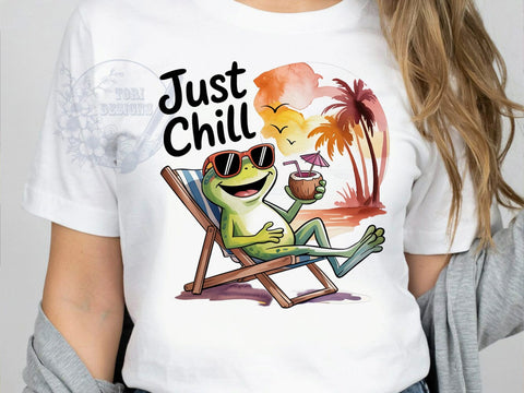 Just Chill Frog T-Shirt PNG, Retro Pop, Green Frog, Beach Chair, Coconut Drink, Skinny Tumbler, Sublimation PNG Sublimation ToriDesigns 