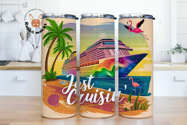 Just Cruising Whimsical Tumbler Wrap 20oz | Flamingo, Cruise Ship, Cruise Vacation | Sublimation Wrap PNG | Digital Download Sublimation Rabbitmakies 