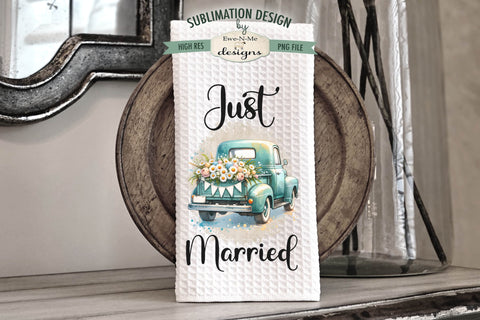 Just Married Teal & Red Truck Kitchen Towel Sublimation PNG Sublimation Ewe-N-Me Designs 