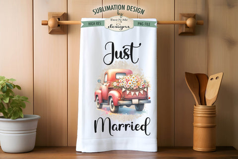 Just Married Teal & Red Truck Kitchen Towel Sublimation PNG Sublimation Ewe-N-Me Designs 