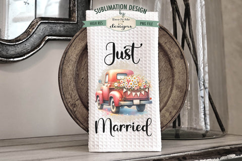Just Married Teal & Red Truck Kitchen Towel Sublimation PNG Sublimation Ewe-N-Me Designs 