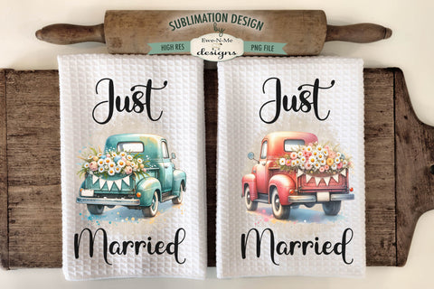 Just Married Teal & Red Truck Kitchen Towel Sublimation PNG Sublimation Ewe-N-Me Designs 