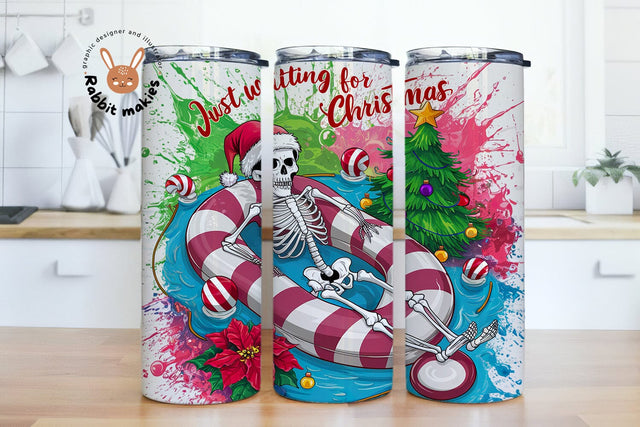 Just Waiting for Christmas 20oz Skinny Tumbler Png PNG, Cute Summermas Clipart, Spooky Summer Xmas Sublimation Design Sublimation Rabbitmakies 
