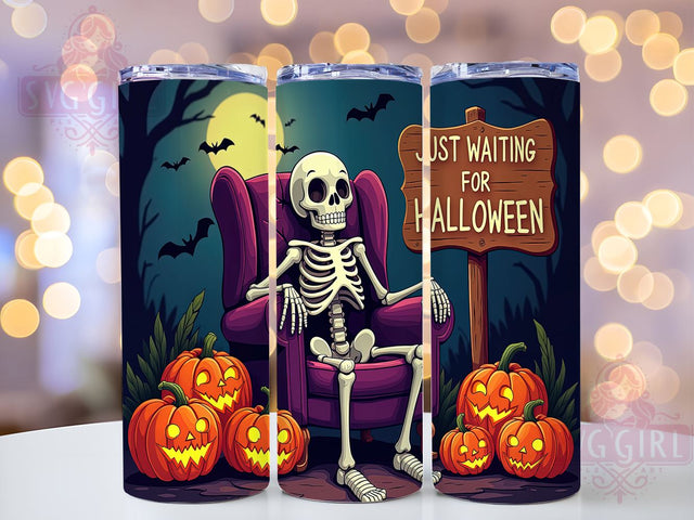 Just Waiting For Halloween 20oz Tumbler Wrap Sublimation Design, Straight Tapered Tumbler Wrap, Spooky Skeleton Tumbler Png, Instant Digital Download Sublimation SvggirlplusArt 