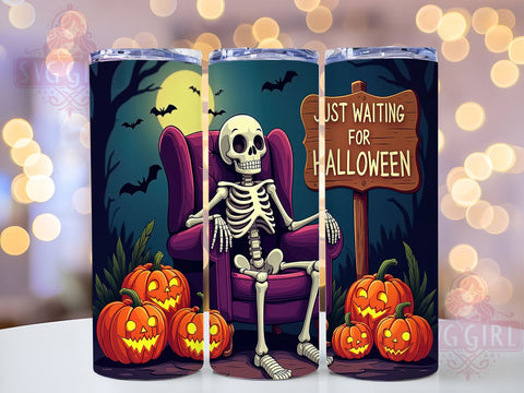 Just Waiting For Halloween 20oz Tumbler Wrap Sublimation Design, Straight Tapered Tumbler Wrap, Spooky Skeleton Tumbler Png, Instant Digital Download Sublimation SvggirlplusArt 