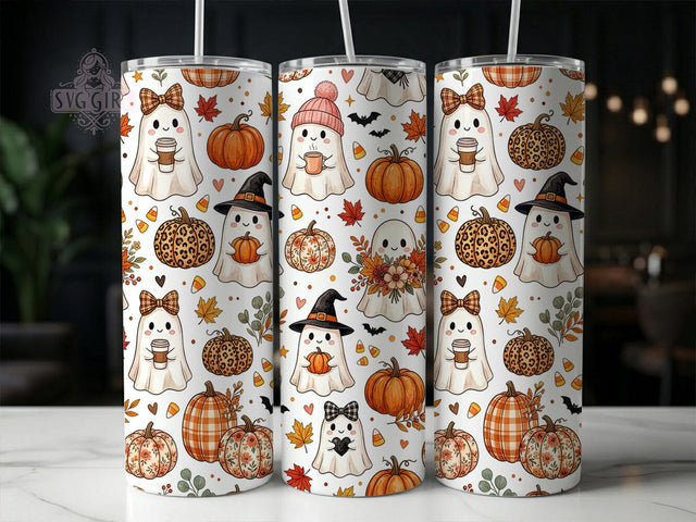Kawaii Autumn Ghosts 20oz Tumbler, Kawaii Autumn Ghosts, 20oz Tumbler Wrap, Sublimation Design, Cute Fall Halloween Art, Digital Download, Tumbler PNG, Autumn Ghost Wrap Sublimation SvggirlplusArt 