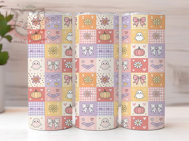 Kawaii Autumn Patchwork 20oz Tumbler, Kawaii Style, Autumn Theme, Patchwork Design, Cute Seasonal, Whimsical Charm, 20oz Wrap, Sublimation Tumbler Sublimation Lara' s Designs 