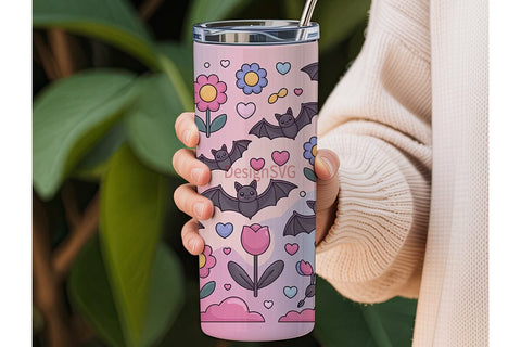 Kawaii Bat & Flowers 20oz Tumbler Wrap Sublimation DesignSVG 