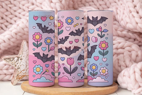 Kawaii Bat & Flowers 20oz Tumbler Wrap Sublimation DesignSVG 