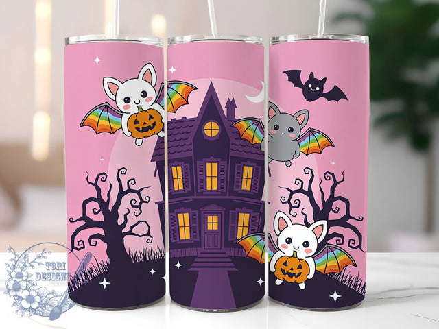 Kawaii Bat Haunted House Tumbler, Haunted House Wrap, Halloween 20Oz Design, Cute Bat Cup Wrap, Spooky House Drinkware, Kawaii Halloween Tumbler, Haunted Mug Design Sublimation ToriDesigns 