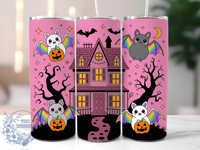 Kawaii Bat Haunted House Tumbler, Haunted House Wrap, Halloween 20Oz Design, Cute Bat Cup Wrap, Spooky House Drinkware, Kawaii Halloween Tumbler, Haunted Mug Design Sublimation ToriDesigns 