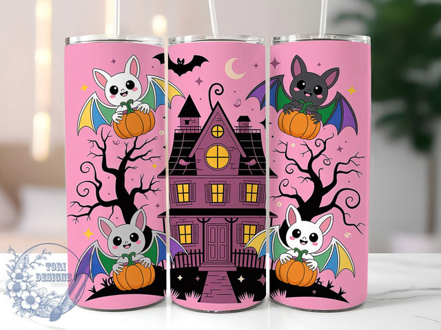 Kawaii Bat Haunted House Tumbler, Haunted House Wrap, Halloween 20Oz Design, Cute Bat Cup Wrap, Spooky House Drinkware, Kawaii Halloween Tumbler, Haunted Mug Design Sublimation ToriDesigns 