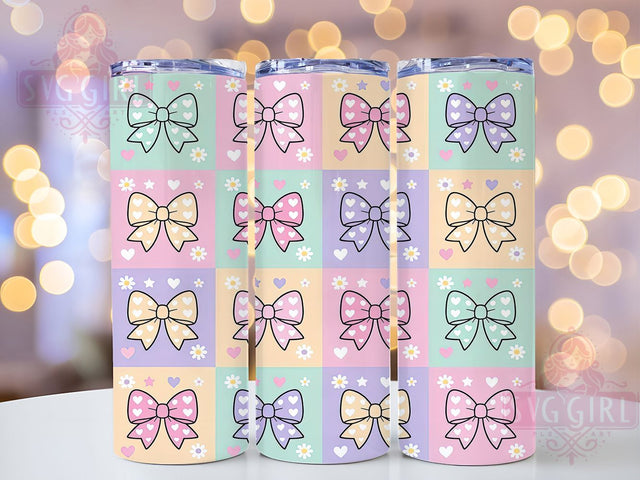 Kawaii Bow Grid 20oz Tumbler, Kawaii Style, Bow Motif, Grid Pattern, Cute Aesthetic, Playful Design, Skinny Tumbler, Sublimation PNG Sublimation SvggirlplusArt 