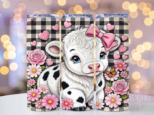 Kawaii Calf Gingham 20oz Tumbler, Kawaii Style, Baby Calf, Gingham Pattern, Cute Motif, Farmhouse Theme, Skinny Tumbler, Sublimation PNG Sublimation SvggirlplusArt 