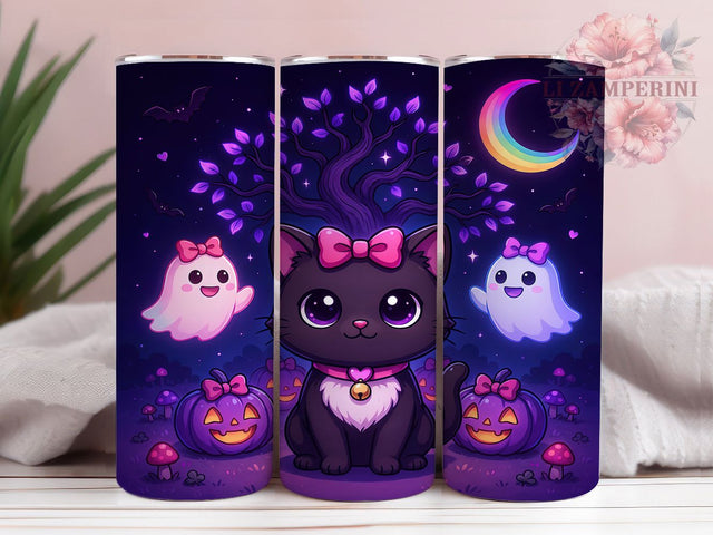 Kawaii Cat Halloween 20oz Tumbler, Kawaii Cat, Halloween Theme, Cute Spooky, Pumpkin Motif, Whimsical Charm, Skinny Tumbler, Sublimation PNG Sublimation Li Zamperini 