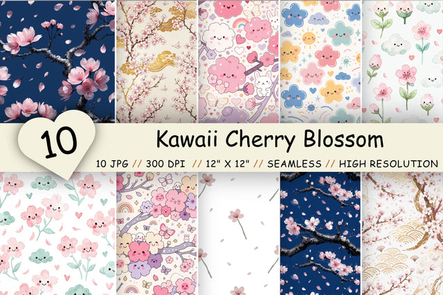 Kawaii Cherry Blossom Digital Paper, Seamless Watercolor Floral Pattern, Pack Printable Scrapbook Paper, Japanese Cute Design Bundle Digital Pattern FloridPrintables 