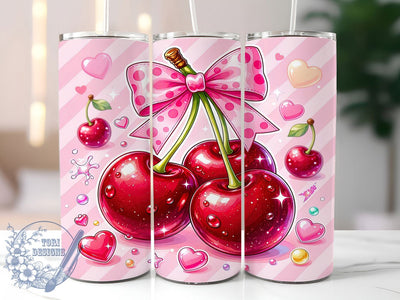 Kawaii Cherry Bow 20oz Tumbler, Kawaii Style, Cherry Motif, Bow Design, Cute Aesthetic, Whimsical Charm, 20oz Wrap, Sublimation Tumbler Sublimation ToriDesigns 