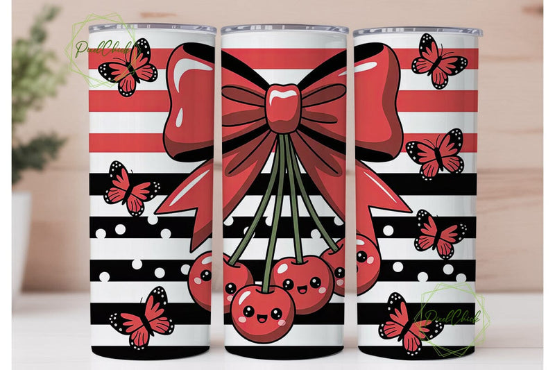 Kawaii Cherry Bow 20oz Tumbler Wrap Sublimation PixelChick 