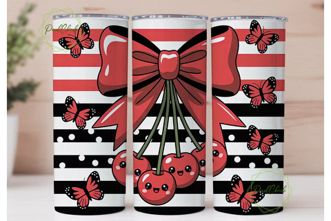 Kawaii Cherry Bow 20oz Tumbler Wrap Sublimation PixelChick 