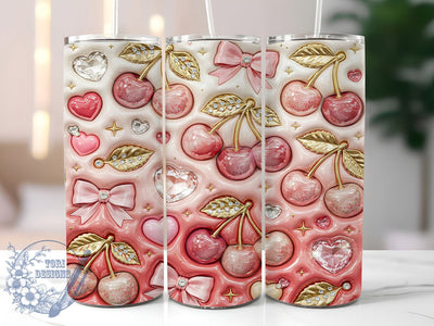 Kawaii Cherry Glitter 20oz Tumbler Wrap, Cherry Motif, Kawaii Style, Glitter Effect, Cute Design, Whimsical Charm, Skinny Tumbler, Sublimation PNG Sublimation ToriDesigns 