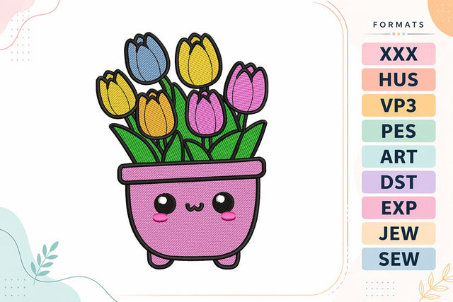 Kawaii Colorful Tulips Cute Pot Embroidery Design Embroidery/Applique DESIGNS sg embroidery 