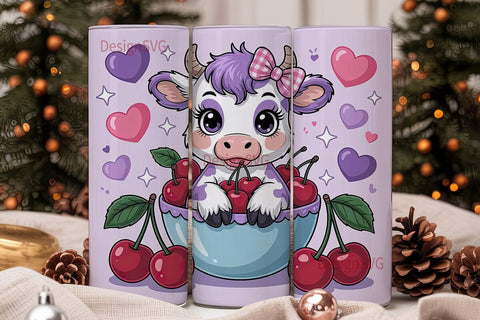 Kawaii Cow with Cherries Tumbler Wrap Sublimation DesignSVG 