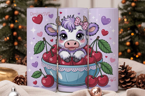 Kawaii Cow with Cherries Tumbler Wrap Sublimation DesignSVG 