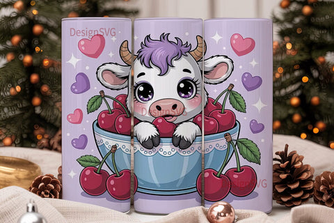 Kawaii Cow with Cherries Tumbler Wrap Sublimation DesignSVG 