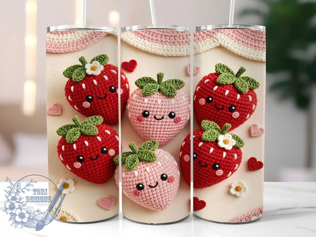 Kawaii Crochet Strawberries 20oz Tumbler, Crochet Strawberries, Kawaii Design, Cute Pattern, Sublimation Wrap, 20oz Tumbler, Whimsical Aesthetic, Sweet Charm Sublimation ToriDesigns 